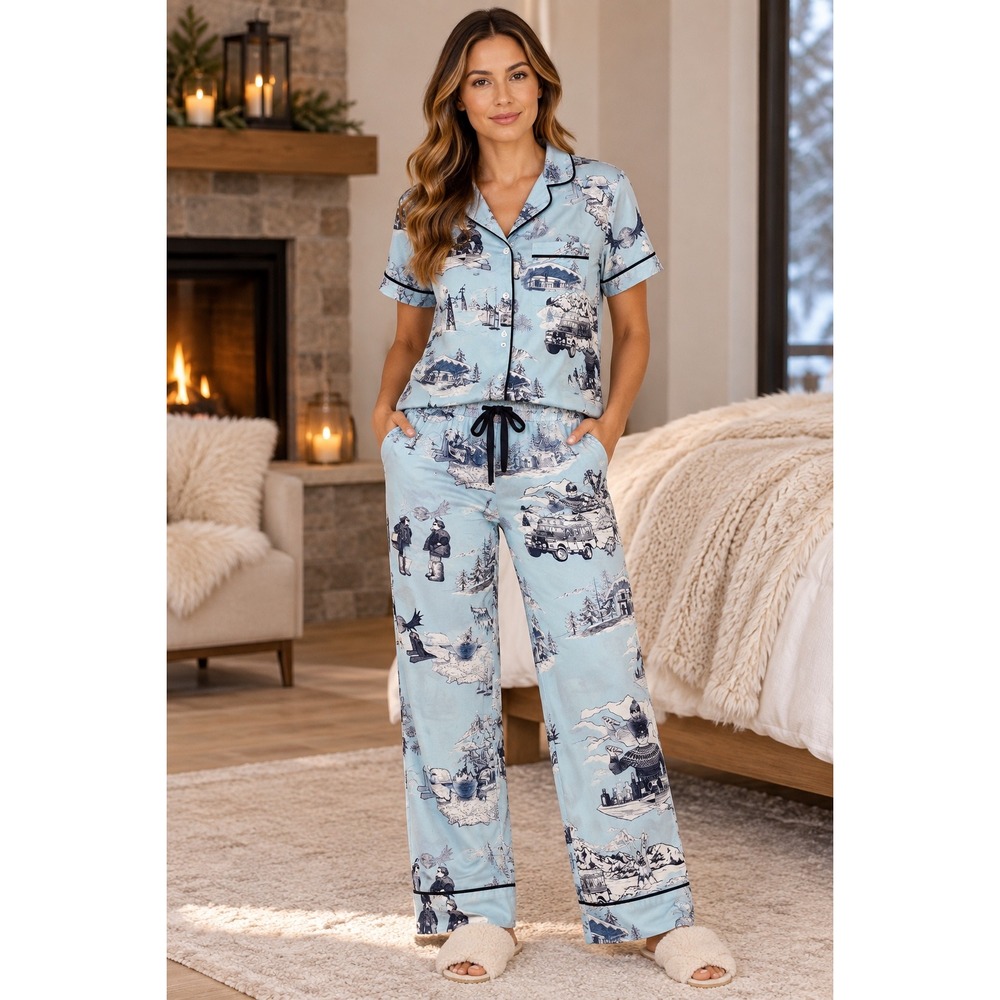 Katie Kime Blue Après Ski Toile Pajama Set Button Up Top Pants Size M